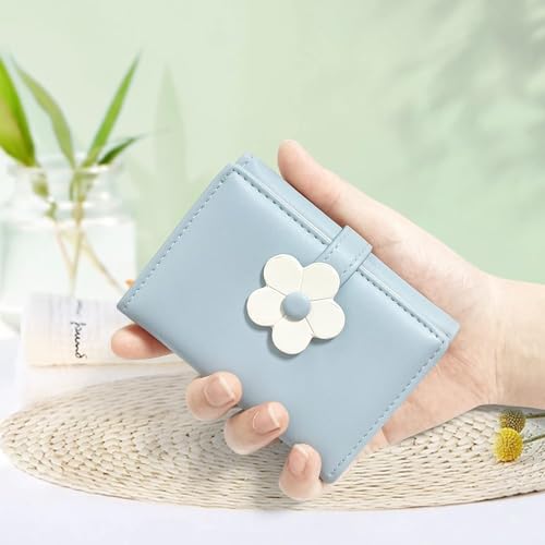 Cute 3D Flower Genuine Leather Wallet for Women Tri-fold Compact Design with ID Window Green (Blue)4