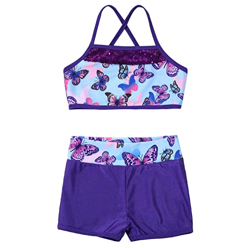 Kids Girls Summer 2 Piece Sports Outfits Shiny Crop Top with Booty Shorts for Swimming/Gymnastics/Dance3
