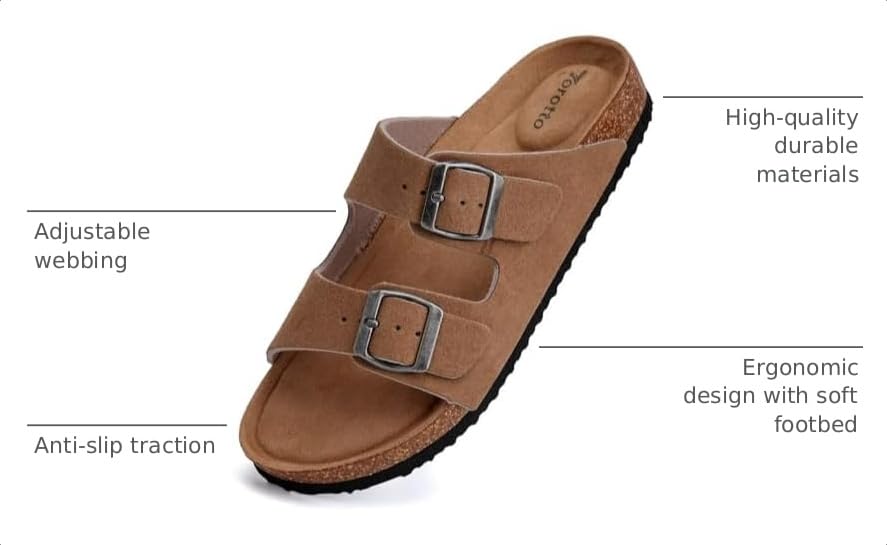 Image of Torotto Womens Slides with Cork Footbed Open Toe Adjustable Webbing Flat Sandals for Walking | Beach | Indoor