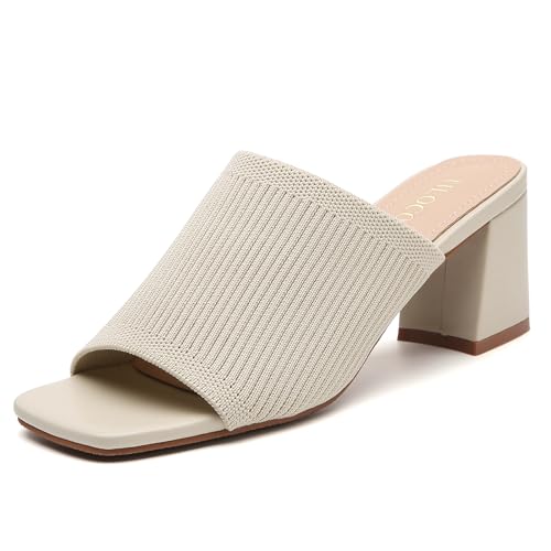 Image of Tilocow Knit Heeled Sandals for Women Square Open Toe Heeled Mules Chunky Block Low Heel Slip On Slides