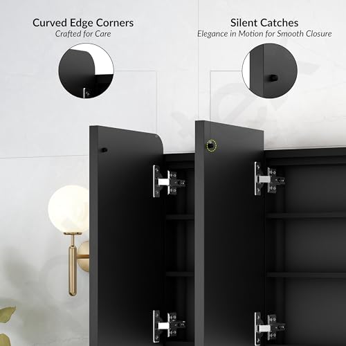 Image of Plantex 304 Stainless Steel Bathroom Cabinet with Mirror /LED Mirror Cabinet for Wall /Triple Door Bathroom Cabinet Storage /Bathroom Organiser Cabinet (36X24 Inch- Defogger /Black)