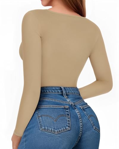 Image of MANGOPOP Womens Bodysuit Long Sleeve Crew Neck Body suit for Women Ribbed Bodysuits Shirts