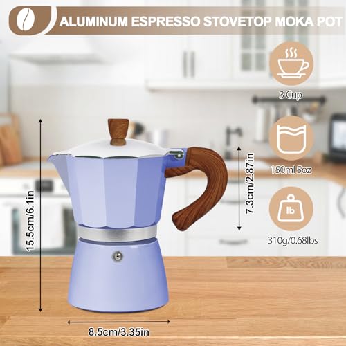 Image of Aluminum 3 Cup 150ml Moka Pot Express Coffee Maker Stovetop Espresso Colorful Coffeemaker Italian Classic Style Brewing Greca Cafe Mocha Machine for Cafeteras Lover Camping Travel and Home Use 5oz