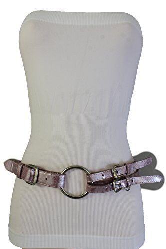 TFJ Women Fashion Double Silver Metal Buckles Rings Belt Hip Waist Metallic Pink S M2