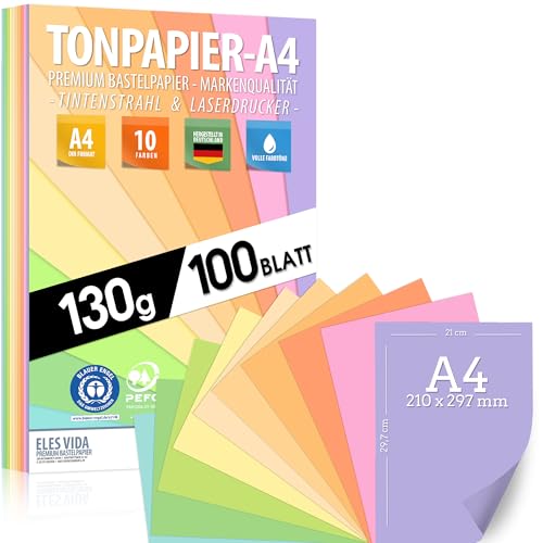 Pastell Tonzeichenpapier DIN A4 - 100 Blatt 130g - 10 Farben – Festes Papier - Farbige Blätter für Schule, Kinder & DIY , Bastel, Pastellfarben - BLAUER ENGEL zertifiziert - MADE IN GERMANY