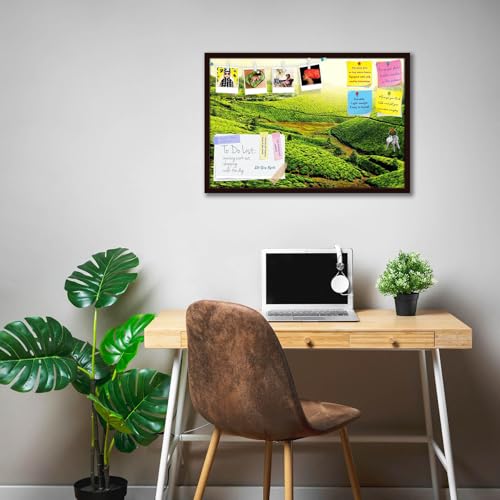 Image of ArtzFolio Tea Plantations, Munnar, Kerala | Bulletin Board Notice Pin Board | Vision Soft Board Combo with Thumb Push Pins & Sticky Notes | Dark Brown Frame | 18 x 12 inch (46 x 30 cms)