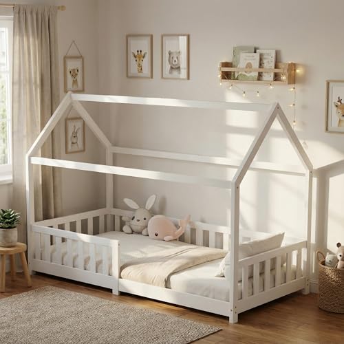 ecomi® Kinderbett 80x160 Bodenbett Kinder Bett Hausbett mit Rausfallschutz...