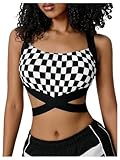 OYOANGLE Women's Y2K Sleeveless Checkered Shirt Criss Cross Crop Tank Top Slim Fitted Party Tops Black and White Small