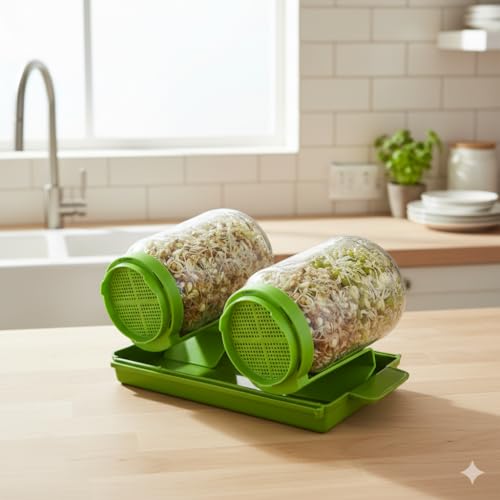 Image of Rellon Sprout Maker Glass Jar Seed Sprouting Kit, 2 Large Wide Mouth Mason Jars with Sprout Lids, Drain Tray, Sprouts Growing Kit for Seeds Dal Channa CholeOrganic Sprouting Jar(750Ml) (PACK OF 2)