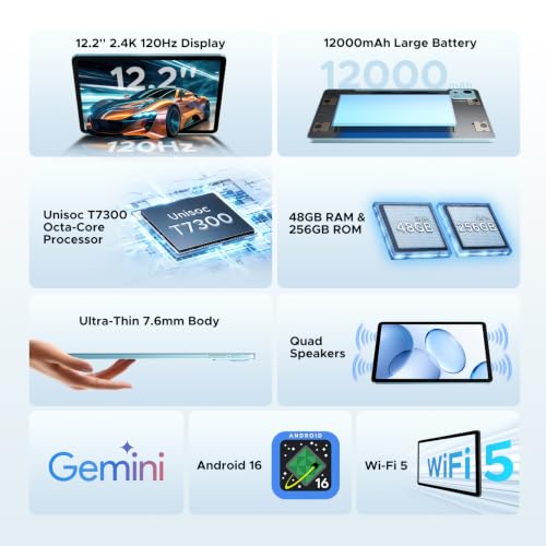Image of P12 Plus 12 Inch Tablet Android 16, T7300 Octa-core, 12000mAh /18W, 2.4K 120Hz, 48GB RAM+256GB ROM /2TB TF, Gemini AI, 5G WiFi, 8MP+13MP, Face ID, OTG, Widevine L1, Tablet with Keyboard and Pen,BLUE