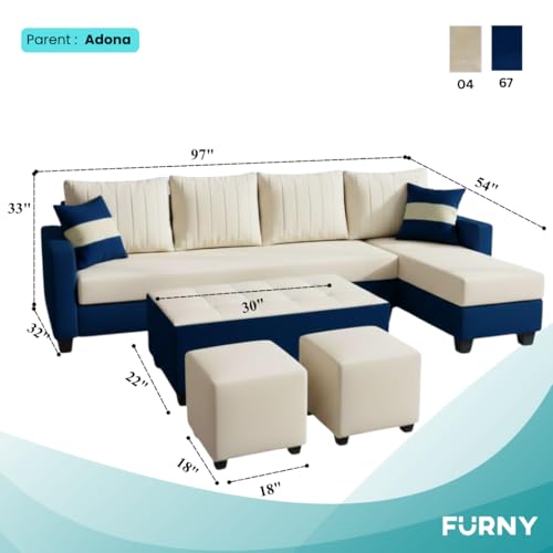 Image of FURNY Avenue 8 Seater Fabric RHS L Shape Sofa Set with 1 Centre Table & 2 Puffy (Cream-Dark Blue) Premium Velvet Finish