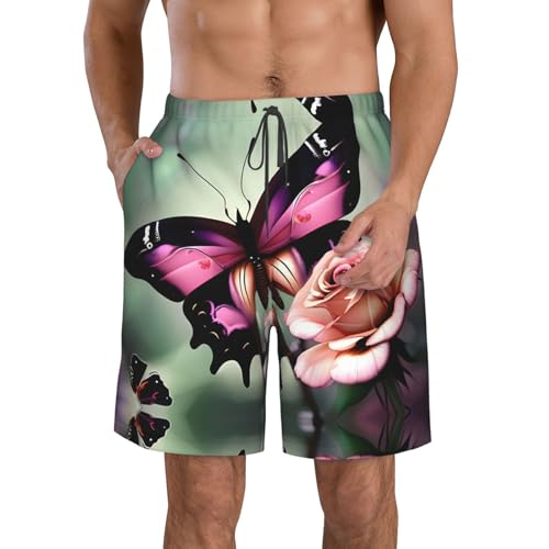 Flower Rose Butterfly Print Stylish Beach Shorts Swim Trunks Lightweight Breathable Summer Outdoor Activities