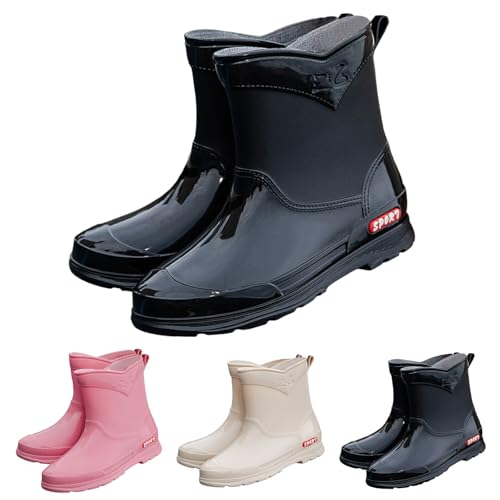Botas Chelsea para mujer de piel negra, tacón de goma, botas de lluvia para mujer, botas de lluvia de caña corta, impermeables, transpirables, cómodas botas de equitación, Negro , 38 EU