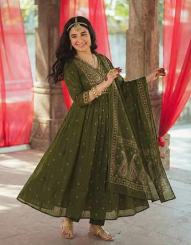 Image of GoSriKi Rust Anarkali Kurta Set for Women with Dupatta | Cotton Kurti Set for Woman | Embroidered Anarkali Suit for Women Kurti Pant Set with Dupatta | Suit Set for Women Latest