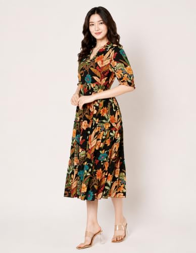 Image of LABEL ADRIJA Pure Cotton Calf Length Midi Dress for Women Floral Print | Flared Anarkali Dress Puff Sleeves