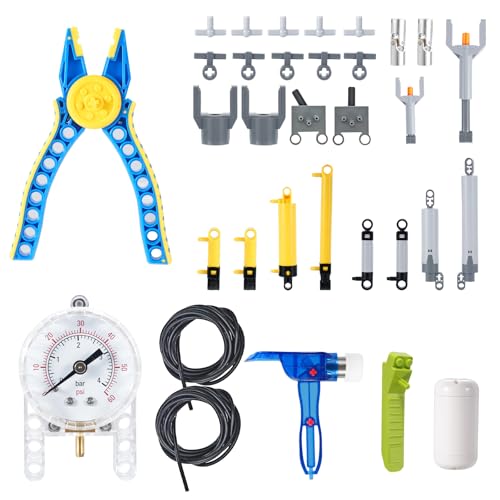33-Teiliges Pneumatik-Set, APKLVSR Power Functions Motor Set mit Technic-Pumpen, Luftpumpen Kolbendruck Stangen, Schubstange,Pneumatikzylindern,Manometer, T-Verbindungen Alloy Joint