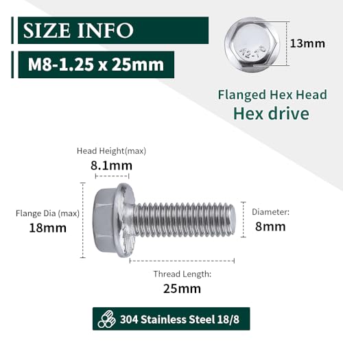 Image of M8-1.25 x 25mm Hex Flange Bolt (1 inch Thread Length), DIN6921, Serrated Locking Flange, 304 Stainless Steel, UNC Full Thread, 15-Pack