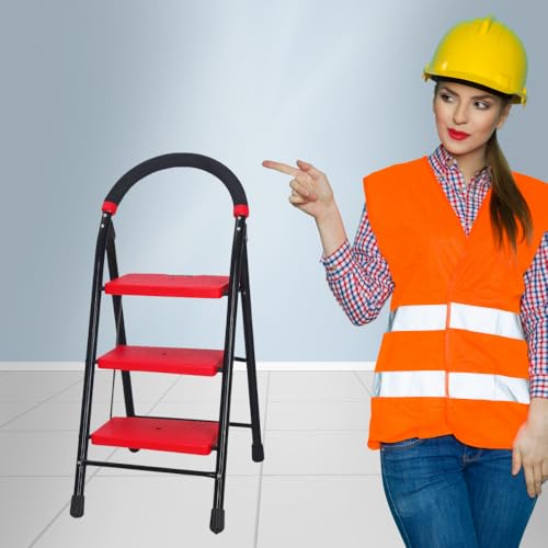 Image of CIPLA PLAST Super Milano Heavy Duty Ladder for Home Folding Ladder Premium Alloy Steel Folding 3 Step Ladder for Home, Wide Anti-Skid Steps (Black & RED) GEC-L3(SM)