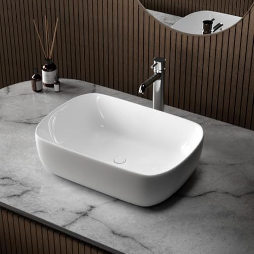 Image of Ceramic Tabletop Wash Basin - Glossy Rectangular Countertop Vessel Sink with Marble Finish for Bathroom & Vanity | Compact 18 x 13 x 5 Inch | Elegant Washbasin