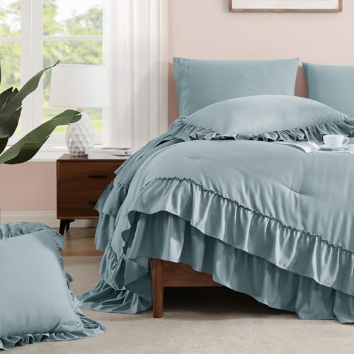 Image of Queen Comforter Set Dusty Blue Ruffle 7 Pieces Farmhouse Bed in a Bag | Shabby Chic Fluffy All Season Bedding Sets with Sheets, Pillowcases & Shams