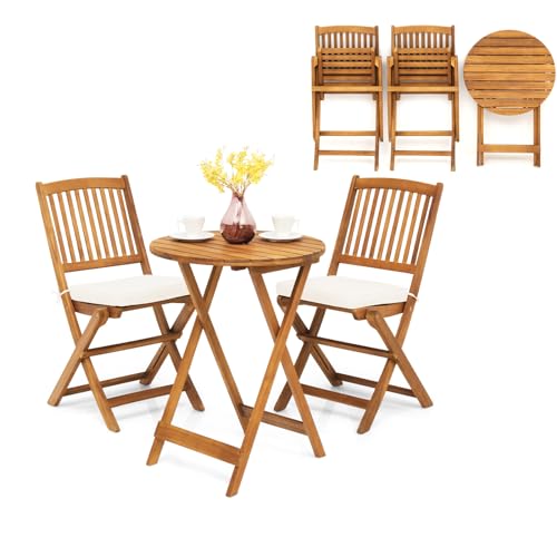 KOMFOTTEU Set da Bistrò Pieghevole, Tavolo Portato 40 kg, Sedie con Cuscini Portato 160 kg, Set Giardino, Set Tavolo e Sedie da Giardino, Set da Esterno per Balcone (Cuscini Beige)
