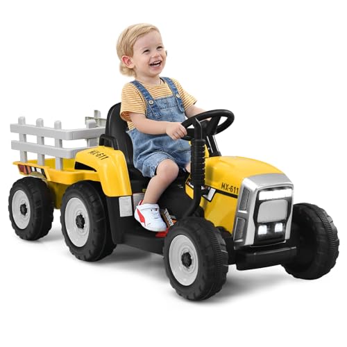 GOPLUS 12V Kinder Elektrischer Traktor mit Anhänger, 3-Gang...