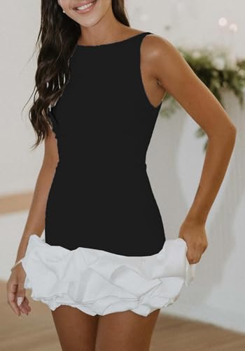 Image of Unybwonn Women Ruffle Bubble Mini Dress Sleeveless Ruched Hem Bodycon Dresses a Line Mock Neck Tank Short Dress