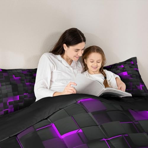 Image of Erosebridal Black Purple Comforter Set Queen Neon Geometric Checkered Bedding Set for Girls Teen Women,Tereoscopic Grids Comforter Square Plaid Quilt Duvet Room Decor 3 Pcs