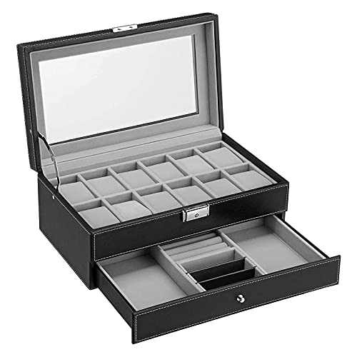 MAFA Coffret à Montres Boite de rangement pour 12 montres et Bracelets avec vitre et tiroir MDF Matériau Cover