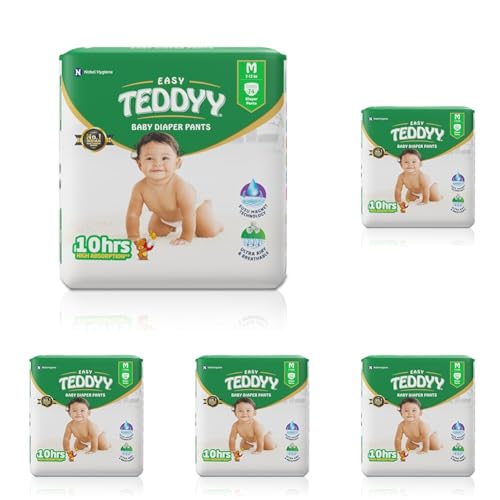 Image of TEDDYY Easy Baby M Size Diaper Pant Style | 74 Count (Medium) | 7-12 kg (Pack of 5) | Long Protection Hours | Anti-Bacterial | Airy Breathable Fit | Rapid Soaker Channels with Wetness Indicator