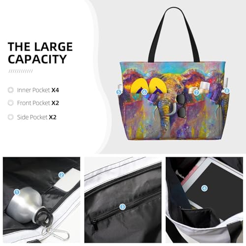 Oil Painting Elephant 1 Print Large Beach Tote Bag for Women Extra Large Capacity Sandproof Waterproof Pool Bag Suitable for Swimming Pool Gym Groceries Travel3