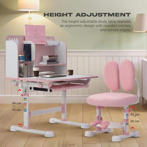 Image of BAYBEE Baby Study Table with Chair for Kids | Ergonomic Study Table with Height Adjustable Desk & Chair | Functional Study Desk with Book Storage, Drawer, Multi Shelf, Footrest for 2+ Years kids(Pink)