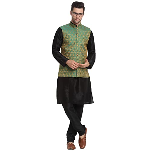 Image of KRAFT INDIA Mens Gold Silk Blend Kurta and Churidar Set With Jacquard Paisley Nehru Jacket