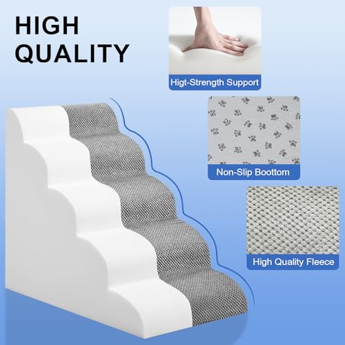 Hundetreppe für Bett, 72 cm hoch, 5-stufige Hunderampe, rutschfest, stabile Haustiertreppe für kleine Hunde und Katzen, um auf Hochbett oder Couch zu steigen, Grau