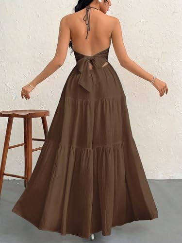 Image of Narecte Women's Maxi Summer Dresses Halter V Neck Beach Dresses for Women A-Line Casual Dress for Vacation
