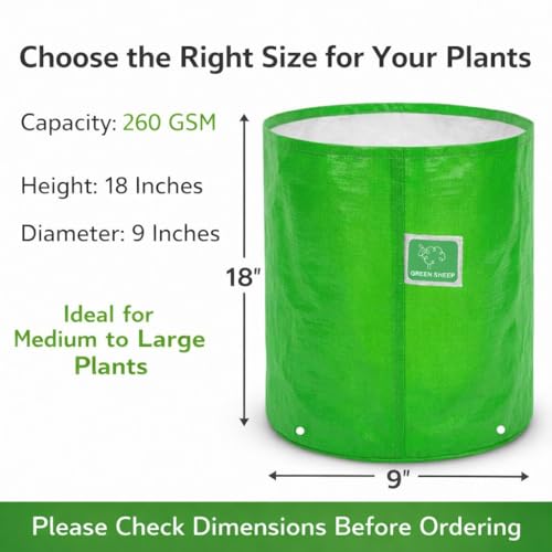 Image of GREENSHEEP HDPE Grow Bag Heavy Duty 260 GSM Round Plants Flower Growing Bags Floor Standing Mount Type for Home Garden Balcony Terrace Kitchen Nursery (Green, 18x9 inch, Pack of 6)