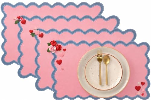 Folkulture Placemats Set of 4 (13 x 19) | 100% Cotton, Cute, Heat Resistant,Machine Washable Scalloped Place Mats | Pink Rectangular Cloth Table Placemats or Dining Table Mats for Dinner Party