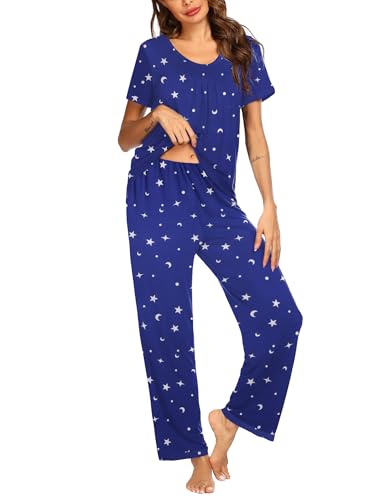 Ekouaer Pajama Set for Women 2 Piece Sleepwear Short Sleeve Pleated Top and Long Pants Soft Pjs Loungewear with Pockets
