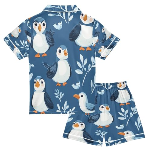 Satin Pajama Sets Short Sleeve Cute Birds on Blue Button Down Silky Nightwear 2 Piece PJS 5-14Y2
