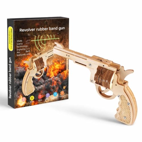 Image of Wooden Rubber Band Gun Toy DIY STEM Building Kit for Kids 8+ | Safe Educational Revolver Model | Learning & Creativity Toy(Revolver Rubber Band Gun)