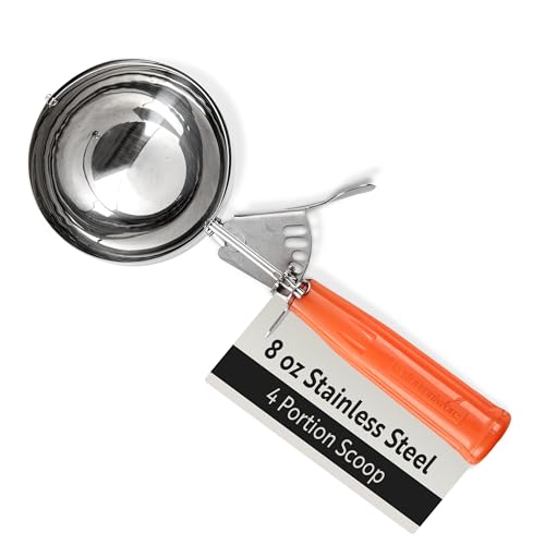 Image of Restaurantware Met Lux 8 Ounce Portion Scoop 1 Durable Disher Scoop - Thumb Trigger Orange Stainless Steel Ice cream Disher For Portion Control For Ice Cream Mashed Potato And Cookie Batter