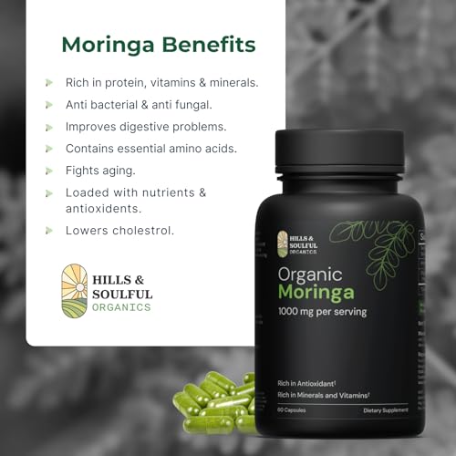 Hills and Soulful Organics Moringa Powder Capsules | Nutrient Rich Natural Green Antioxidant Superfood | Supports Energy, Skin Health, Gut Health - With Essential Vitamins & Amino Acids - 60 Capsules