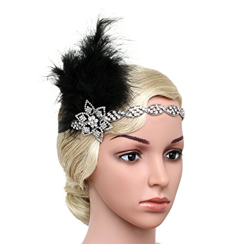 BABEYOND Vintage 1920s Flapper Headband Roaring 20s Great Gatsby Headpiece with Feather 1920s Flapper Gatsby Hair Accessories (Black-1)