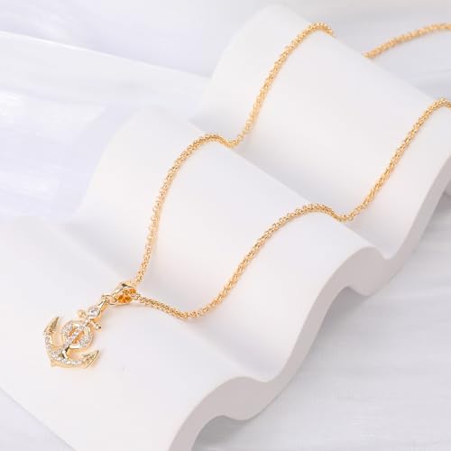 Gold Plated Rhinestone Flower/Anchor Pendant Necklace, Rhinestone Pendant Necklace Vacation Jewelry Gift for Women Girls3