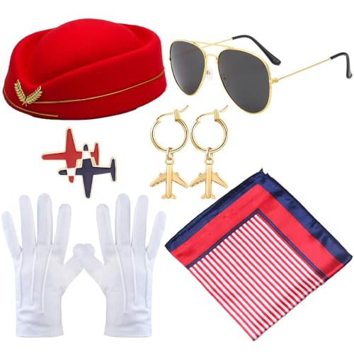 BWOOOWE Disfraz Piloto Avion Completo con Gorra Profesional Aviador Accesorios Conjunto Disfraz de Azafata Mujer Uniforme Aerolínea para Carnaval Fiestas Temáticas(Rojo)