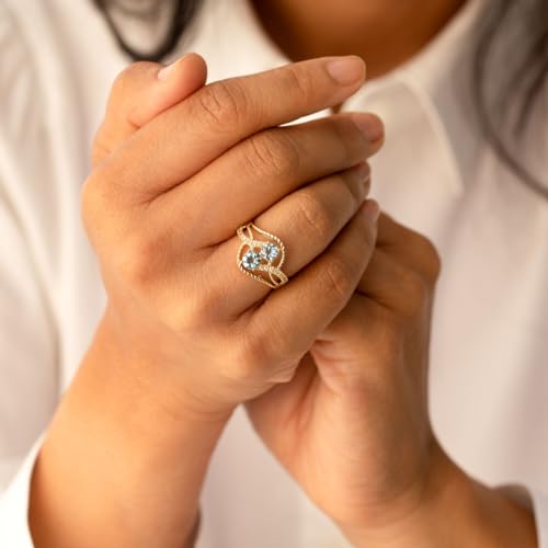 PEORA Aquamarine Two-Stone Ring for Women 14K Yellow Gold, Natural Gemstone, 1 Carat total Round Shape, Sizes 5 to 92