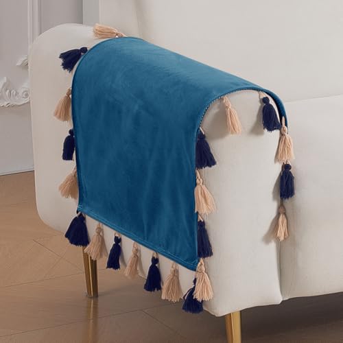 Image of HOKIPO Premium Holland Velvet Armrest Covers with Tassel for Sofa - 'TasselTone Series' (2 Pcs), Sea Blue (IN-1102-BL*2SM)