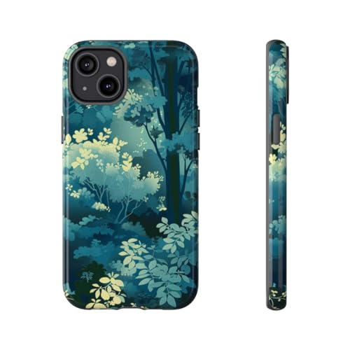 Coque rigide brillante iPhone 14 Plus vert motif feuillage de forêt