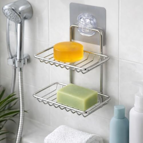 Image of Pack 2 New Creative Wall Mounted Double Layer soap Dish Holder|soap Dish Stand|Stainless Steel Wall Hanging Soap Storage Rack for Kitchen Bathroom-with Self Adhesive Magic Sticker(Set-2)