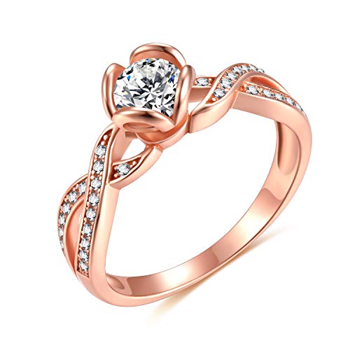EAMTI 925 Sterling Silver 1 Carat CZ Round Engagement Ring Rose Gold Flower Twist Wedding Band Size 6.5